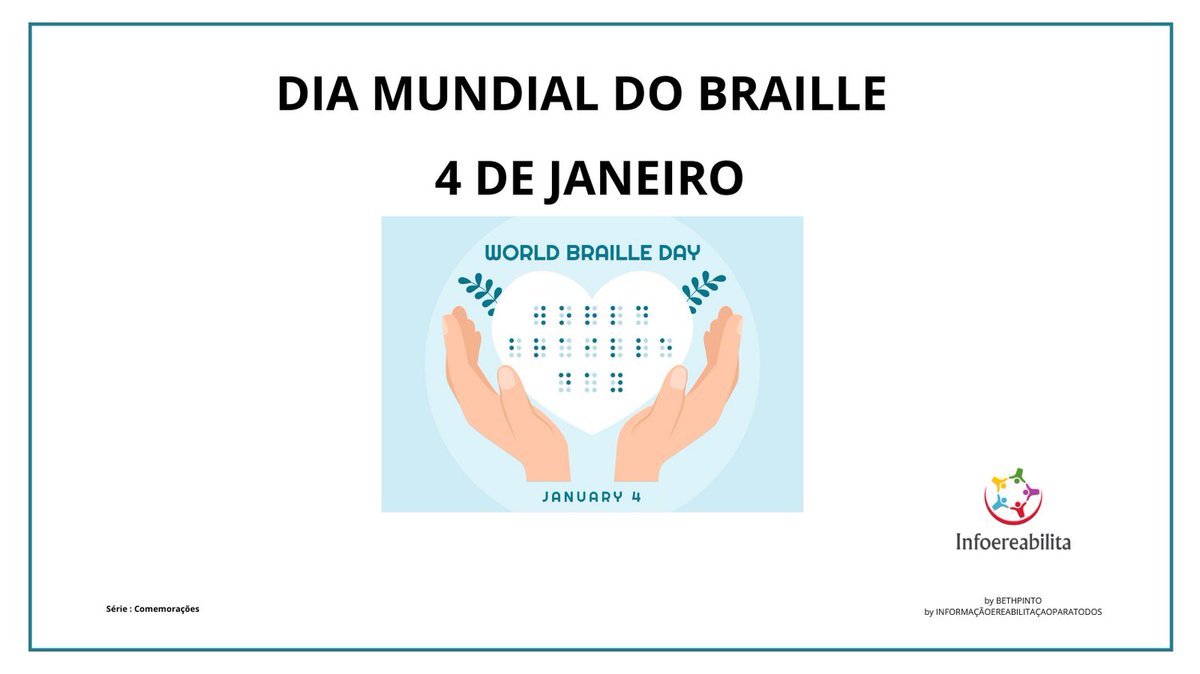 infoereabilita's tweet image. Olá!  Hoje, 04 de janeiro, celebramos o Dia Mundial do Braille, uma data em homenagem ao nascimento de Louis Braille, o criador do sistema Braille. .bjs Beth #infoereabilita #deficientevisual