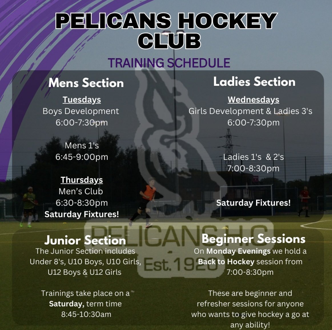 Happy new year from all at Pelicans HC!!

We hope you all had a lovely Christmas break. If you haven’t already seen or for those who are wondering and would like to come along here is the training schedule for the new year! 

Any questions please get in touch 

🖤💜🏑🏑