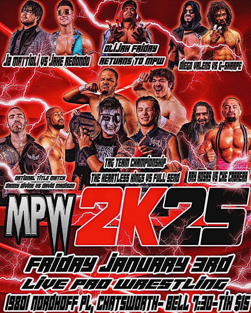 TOMORROW! We kick off 2025 with a stacked card! MPW 2025 💥

We have returns, debuts and 2 title matches! 

Main Event! Tag Team Title Match 
The Heartless Kings vs Full Send!