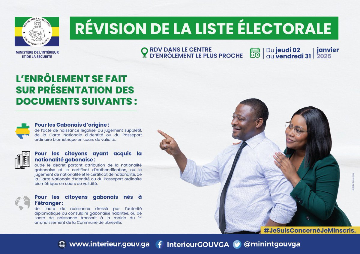 [Révision de la liste électorale]

Vous souhaitez vous inscrire ou mettre à jour vos informations dans les centres d'enrôlement ?
Retrouvez les différentes pièces à fournir ici ⬇️ : 

#jesuisconcernée #jeminscris #transition #Gabon
