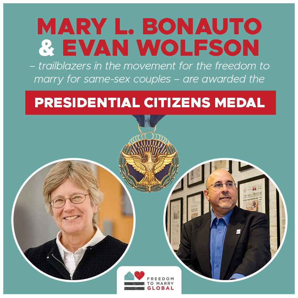 Freedom to Marry (@freedomtomarry) on Twitter photo We're thrilled that the <a href="/WhiteHouse/">The White House</a> will honor <a href="/evanwolfson/">Evan Wolfson</a> and <a href="/GLADLaw/">GLAD Law</a>'s Mary Bonauto today with the prestigious Presidential Citizens Medal, celebrating their transformative leadership in winning the freedom to marry!
Watch live at 5pm ET: whitehouse.gov/live We're thrilled that the <a href="/WhiteHouse/">The White House</a> will honor <a href="/evanwolfson/">Evan Wolfson</a> and <a href="/GLADLaw/">GLAD Law</a>'s Mary Bonauto today with the prestigious Presidential Citizens Medal, celebrating their transformative leadership in winning the freedom to marry!
Watch live at 5pm ET: whitehouse.gov/live