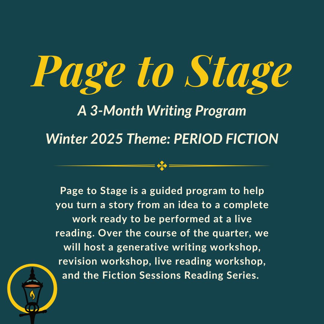Our  event is on 01/07 @ Beanlandia! 

The winter 2025 theme: Period fiction. 

"Page to stage" is a guided program to help you turn a story from an idea to a complete work ready to be performed at a live reading. 

Over the course of the quarter, we will host a generative..🧵