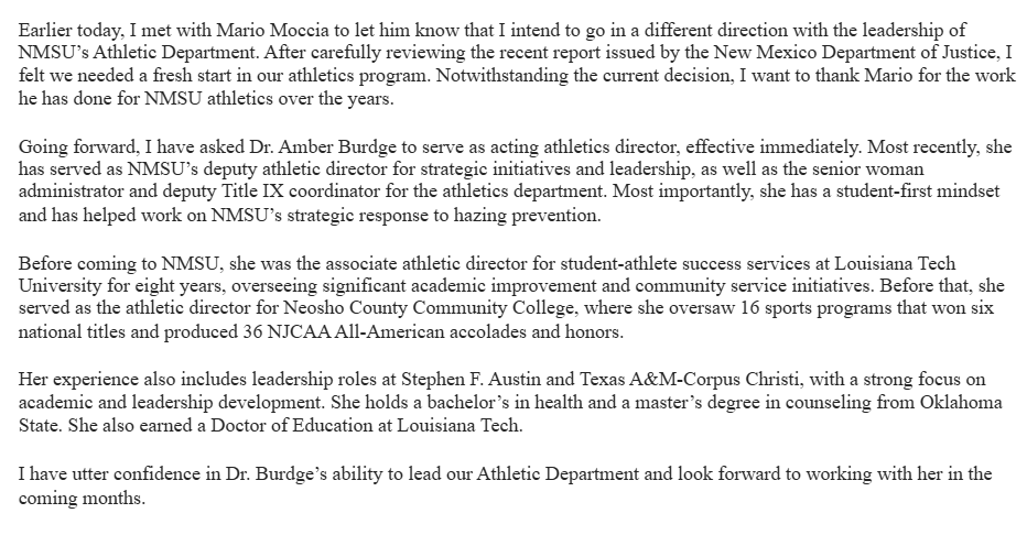 JPGroves's tweet photo. Memo from NMSU president Valerio Ferme, who sites recent AG report in firing AD Mario Moccia today. Ferme took over as President on Jan. 1 https://t.co/MSDCU63Ht5