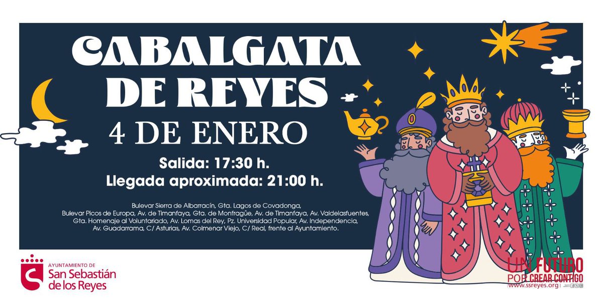 🔴 COMUNICADO | San Sebastián de los Reyes adelanta la programación prevista para el domingo, incluida la Cabalgata de los Reyes Magos, al sábado 4 de enero, tras la previsión meteorológica comunicada por la Agencia de Seguridad y Emergencias de la Comunidad de Madrid.

‼️ El