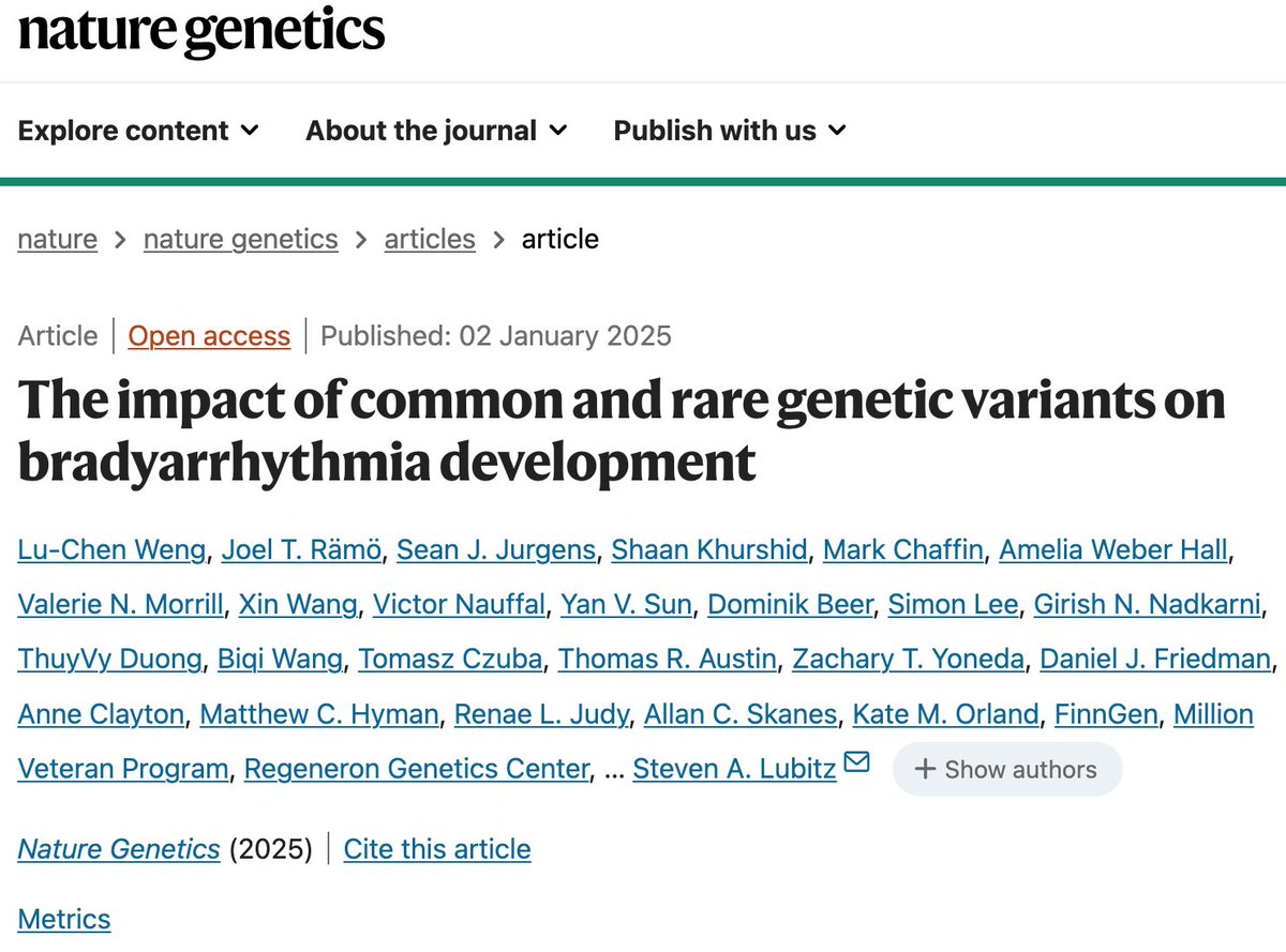Shaan Khurshid (@shaan_khurshid) on Twitter photo Is slow heart rate or conduction block heritable?
Check out our new meta-analysis <a href="/NatureGenet/">Nature Genetics</a> incl common (~1.3m individuals) + rare (~400k) variants for bradyarrhythmias and conduction dz. Co-led w/ <a href="/LuChenWeng/">Lu-Chen Weng</a> <a href="/joeltramo/">Joel Rämö</a> <a href="/JurgensSean/">Sean Jurgens</a> <a href="/broadinstitute/">Broad Institute</a> !
nature.com/articles/s4158… Is slow heart rate or conduction block heritable?
Check out our new meta-analysis <a href="/NatureGenet/">Nature Genetics</a> incl common (~1.3m individuals) + rare (~400k) variants for bradyarrhythmias and conduction dz. Co-led w/ <a href="/LuChenWeng/">Lu-Chen Weng</a> <a href="/joeltramo/">Joel Rämö</a> <a href="/JurgensSean/">Sean Jurgens</a> <a href="/broadinstitute/">Broad Institute</a> !
nature.com/articles/s4158…