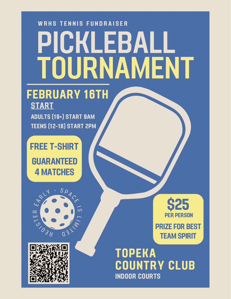 ‼️ REGISTER NOW ‼️ Come support the WRHS Tennis Teams as they host their 1st Annual Pickleball Tournament 
💲: $25/person
🗓️: Feb 16, 2025
📍: TCC Indoor Courts

We appreciate your support💙🎾💙