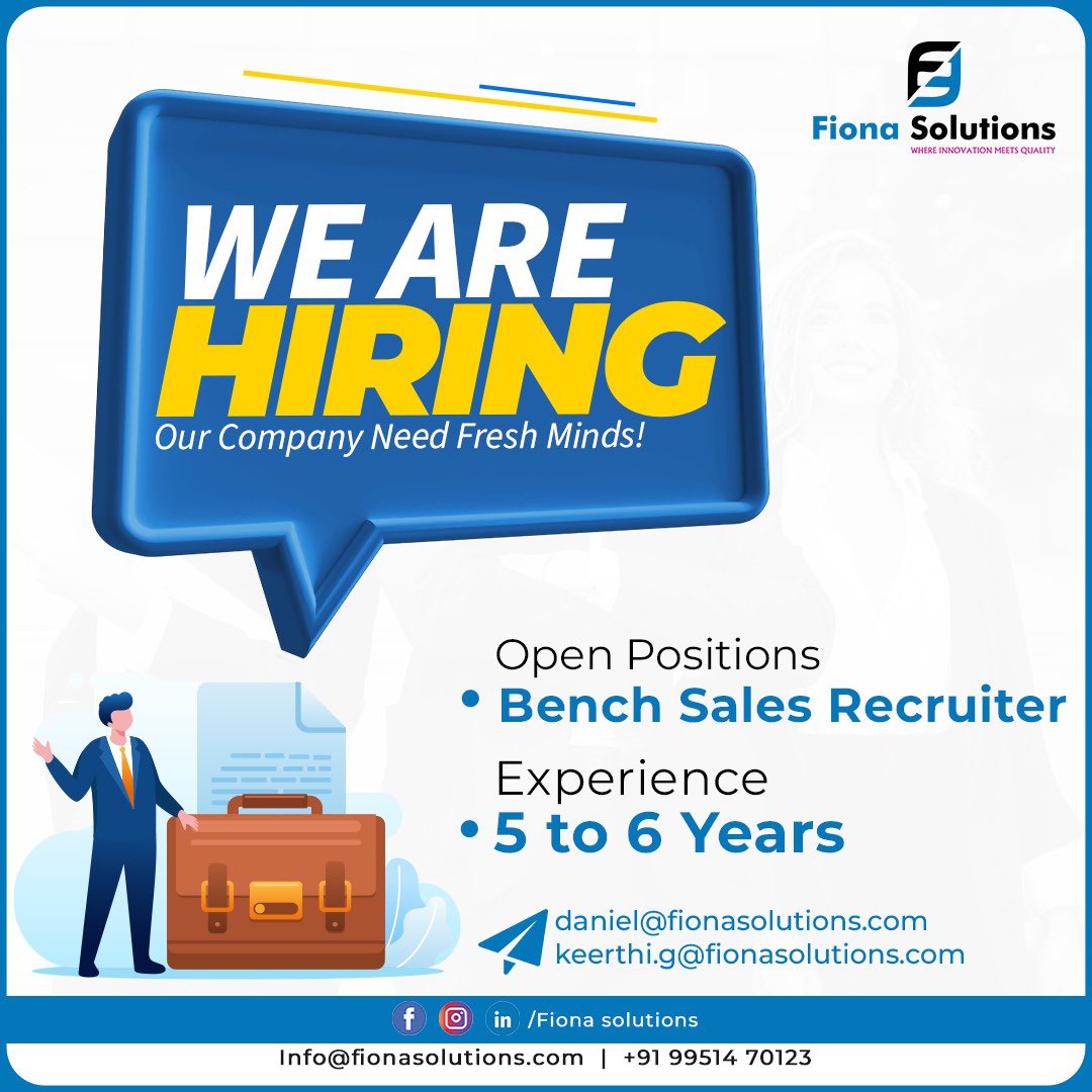 FionaSolutions's tweet image. We&apos;re Hiring at Fiona Solutions!
Bench Sales Recruiter
Experience Required: 5 to 6 Years

At Fiona Solutions, we foster innovation, collaboration, and growth. Join us to be part of a workplace where innovation meets quality and where your ideas can make an impact!

📩 Apply Now