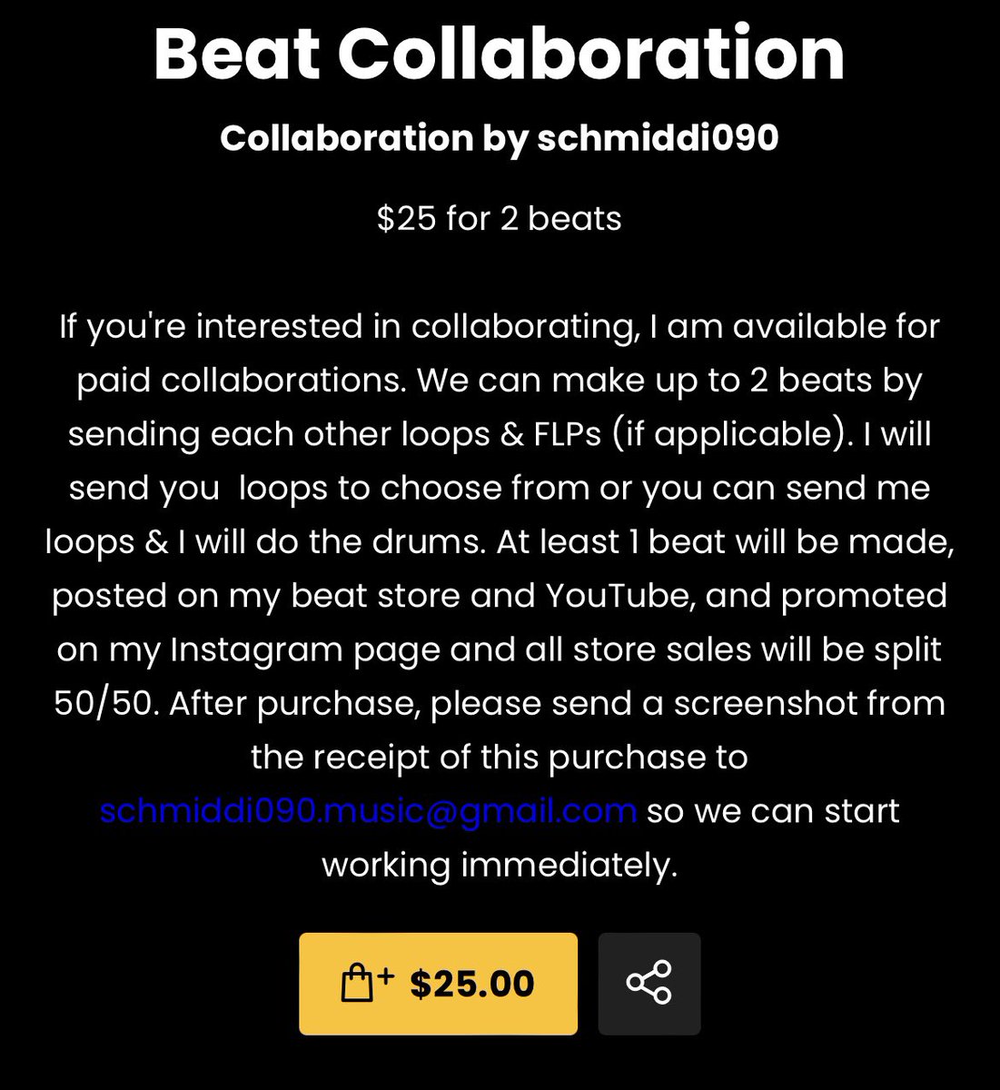 My services:

1) Engineering:
- 1 song/$100 (3-5 days)
- 5 songs/$400 (5-7 days) 
- 10 songs/$850 (10-12 days)

2) Beat Collaborations:
- 2 beats/$25 

Dm me for more info📲