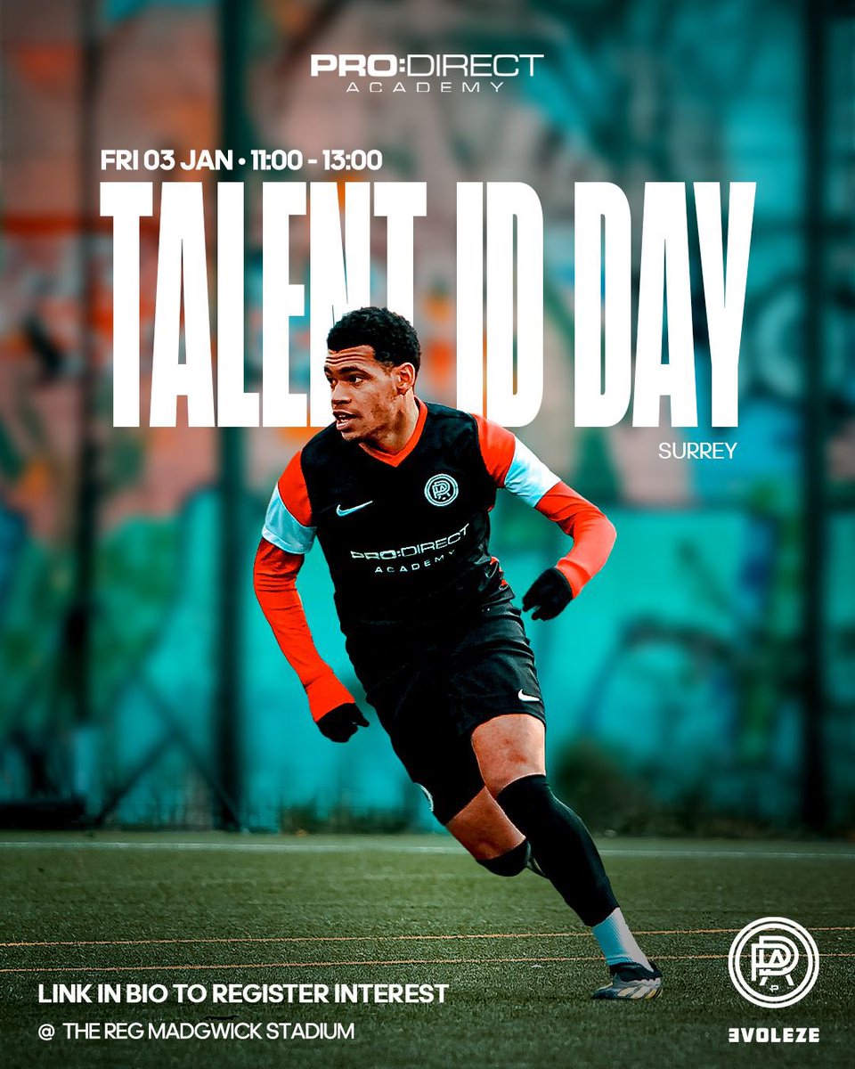 Tomorrow, the journey begins. 🚀 
Pro Direct Academy Talent ID Day, let’s see the talent 🌟⚽. 
If you are interested click the link below to attend 

 ✍️ form.jotform.com/243387526664366
📆 Friday 3rd January
📍Cobham FC
⏱️ 11:00-13:00

 #pdatrials #pdasurrey #prodirectsurrey #prodirect