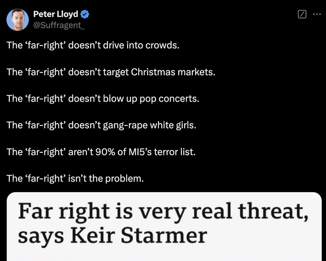 Far right terrorist attacks include

- Murdering 77 people in Norway, mostly leftwing teenagers holidaying on an island (2011)

- Murdering 51 Muslims at a mosque in New Zealand (2018)

- Murdering 11 Jewish Americans at a synagogue in Pittsburgh (2017)

- Murdering 9