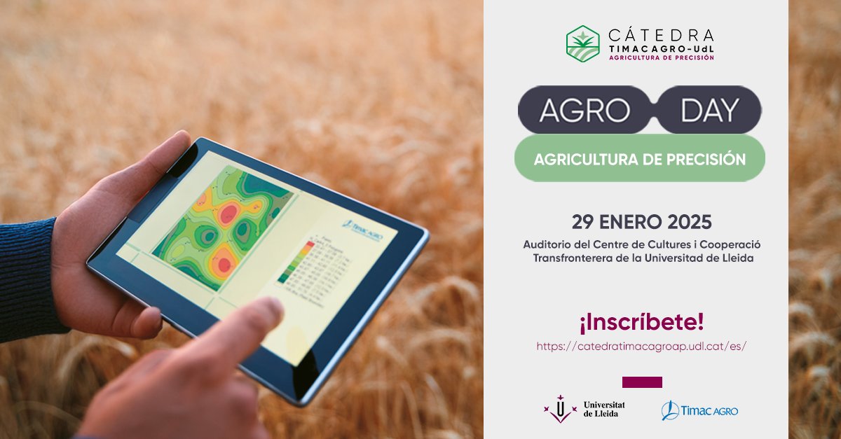 TimacAGROEspana's tweet photo. ¡Ya está aquí la nueva cita de #AgroDay! Únete con nosotros al primer gran evento de la Cátedra TIMAC AGRO-UdL centrado en la #AgriculturaDePrecisión.
Apunta ✍️
📅 29 enero 2025
📍 Centre de Cultures i Cooperació Transfronterera de la Universitat de Lleida
👉 INSCRIPCIONES AQUÍ: https://t.co/LLXUMdSn4E