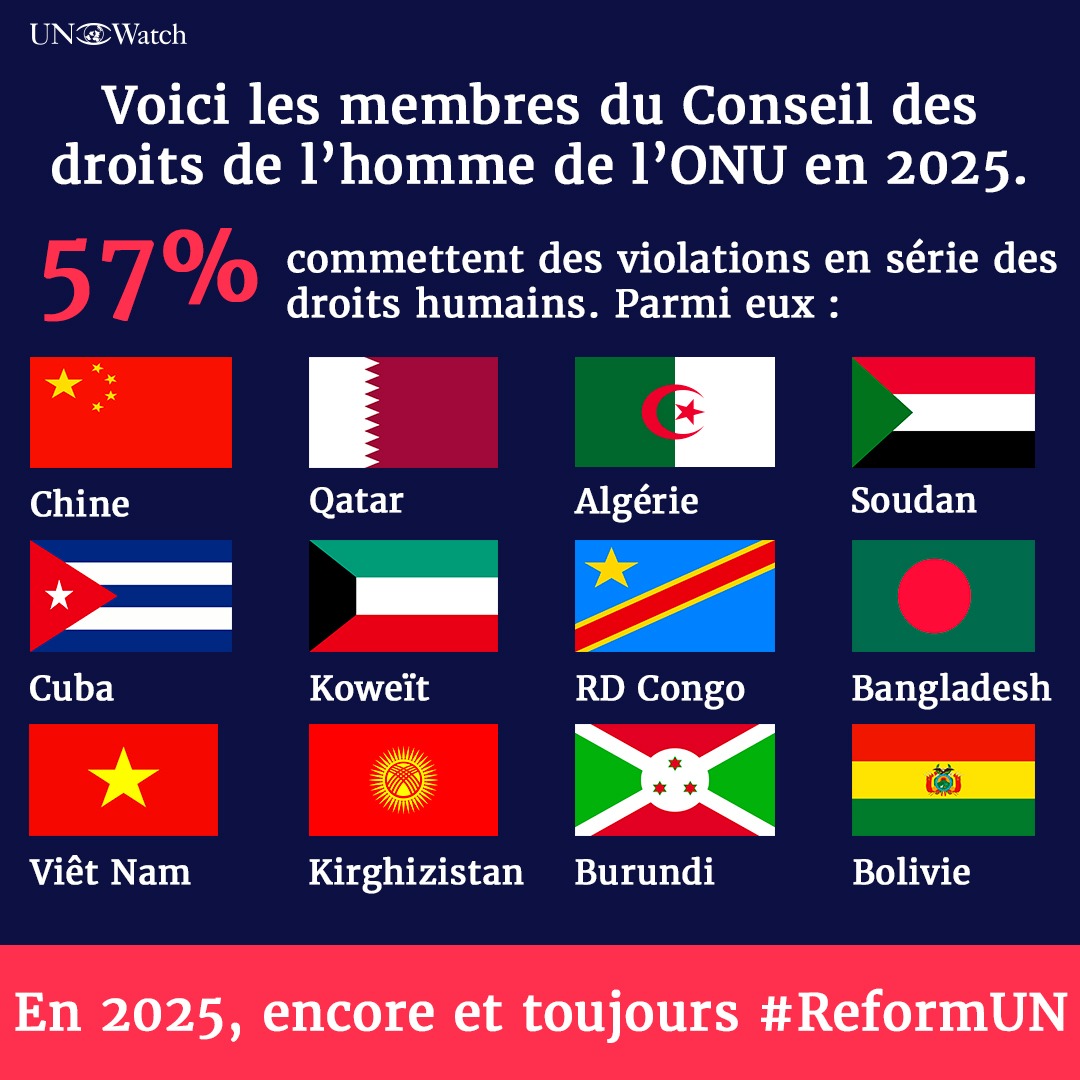 UNWatch_fr's tweet image. Voici les membres du Conseil des droits de l'homme de l'ONU en 2025.
57 % commettent des violations en série des droits humains, dont :
🇨🇳 Chine
🇶🇦 Qatar
🇩🇿 Algérie
🇸🇩 Soudan
🇨🇺 Cuba
🇰🇼 Koweït
🇨🇩 RD Congo
🇧🇩 Bangladesh
🇻🇳 Viêt Nam
🇰🇬 Kirghizistan
🇧🇮 Burundi
🇧🇴 Bolivie
#ReformUN