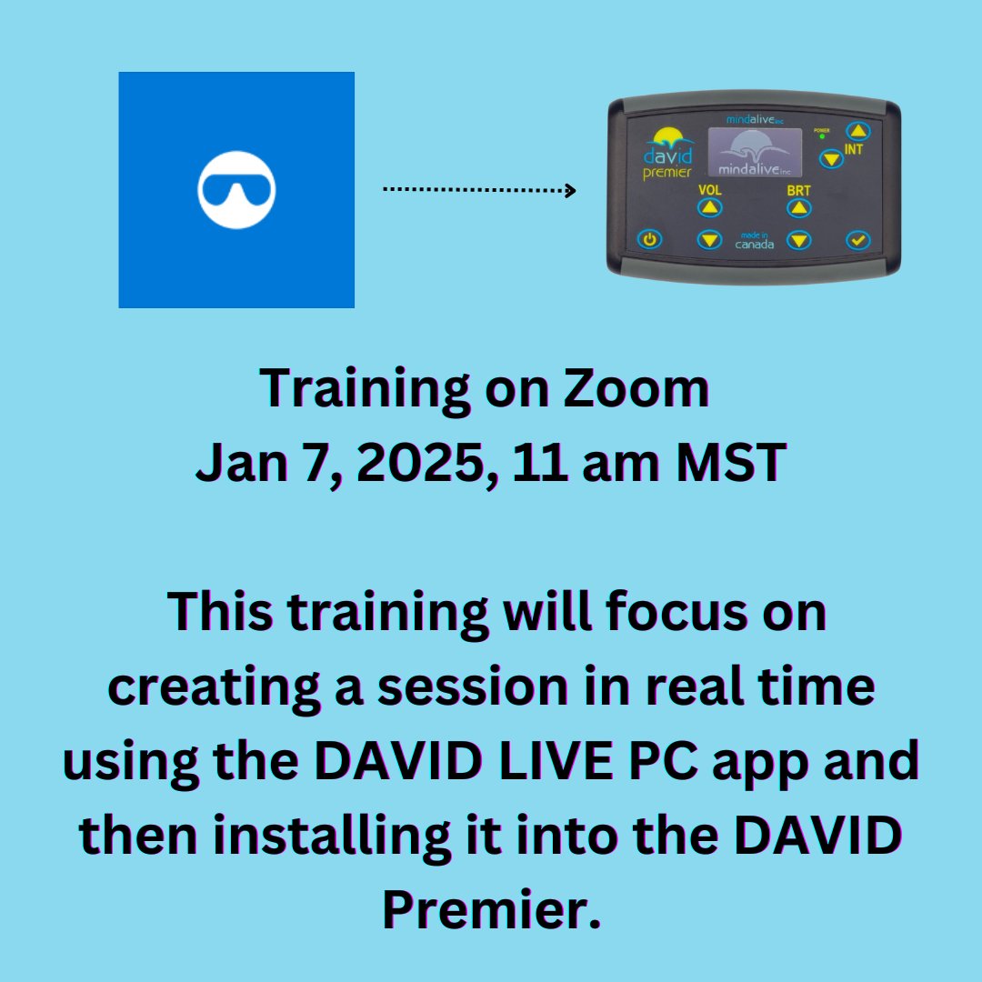MindAliveInc's tweet image. Training - Jan 7, 2025 11 am MST

This training will focus on creating a session in real time using the #DAVIDLivePCApp &amp;amp; then installing it in #DAVIDPremier.

Register at this link: us02web.zoom.us/meeting/regist…

#MindAlive #AudioVisualEntrainment #Clinician #Psychologist #Counsellor