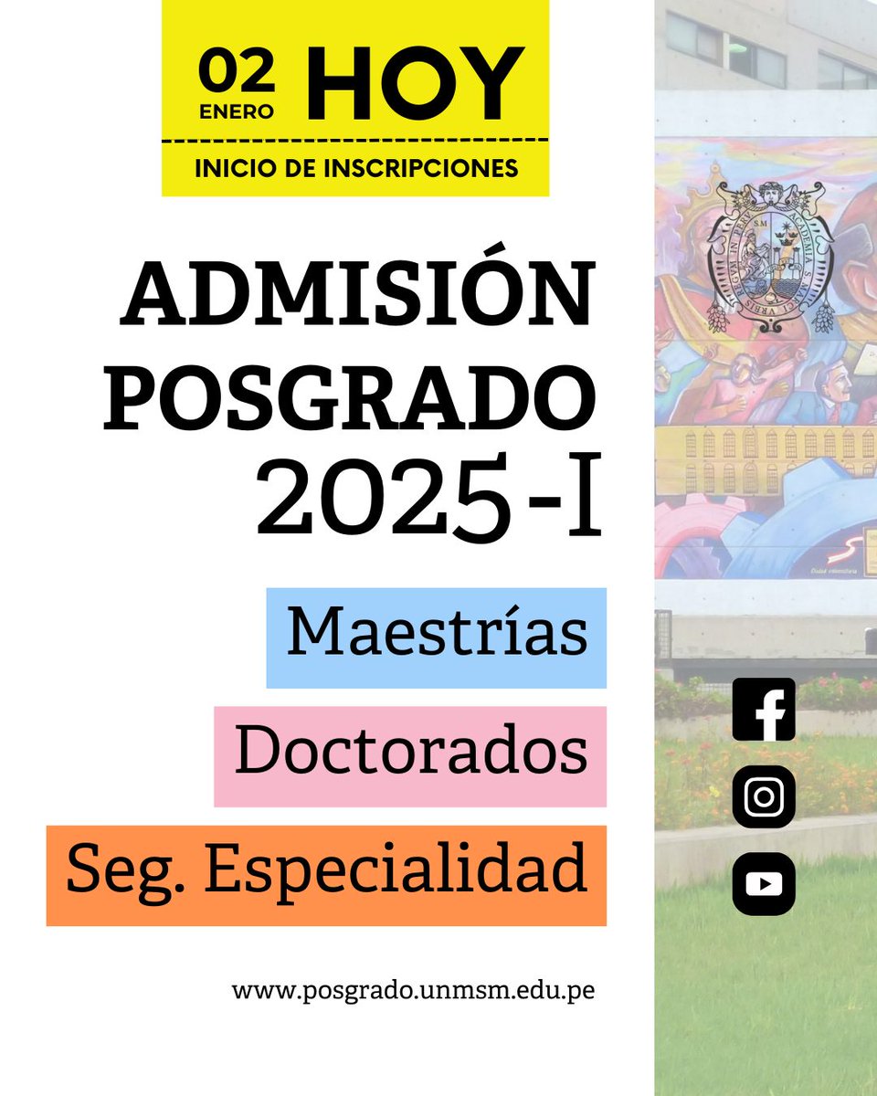 📢 ¡Atención, comunidad académica! 🎓
🎓 ¡El momento de avanzar en tu formación académica ha llegado! 📚

📆 Admisión Posgrado 2025-I
🗓️ Inscripciones abiertas desde hoy, 02 de enero

🔗 Más información en: posgrado.unmsm.edu.pe