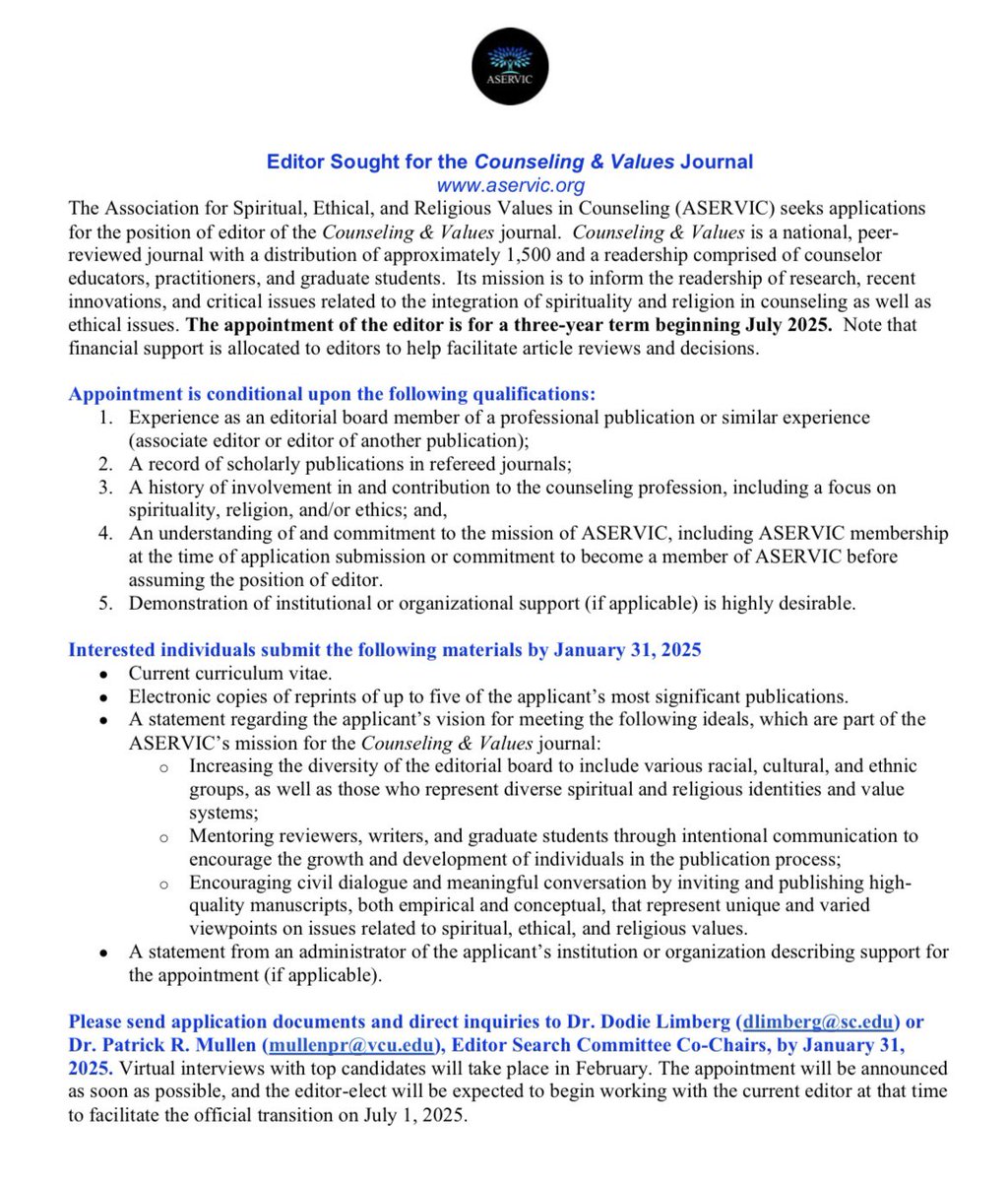 Counseling &amp; Values is seeking an Editor. Interested parties may apply by January 31, 2025!