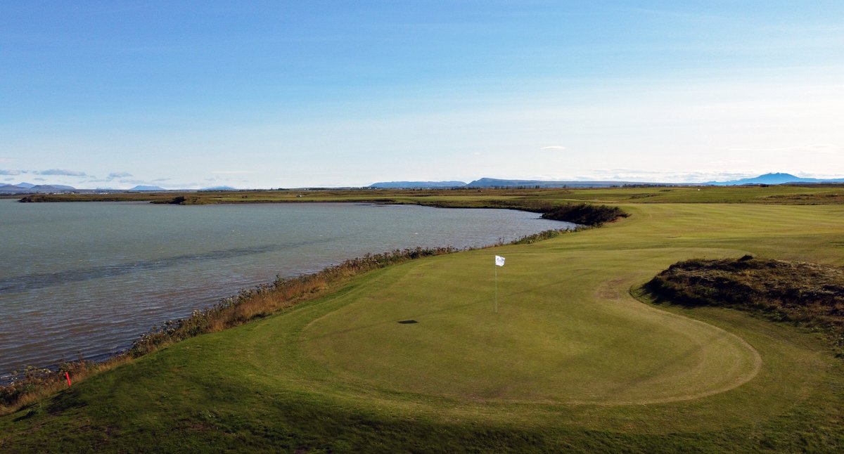2024 design highlight was the soft opening of 5 new holes at <a href="/gosgolfselfoss/">Golfklúbbur Selfoss</a> in Iceland. Expansion from 9 to 18, phase 1 of 2. Here is the new, short par-4 7th. Carry Ölfusá river to reach the green or get best angle. Bailing out too far inland puts lava outcrop in play. #gosgolf