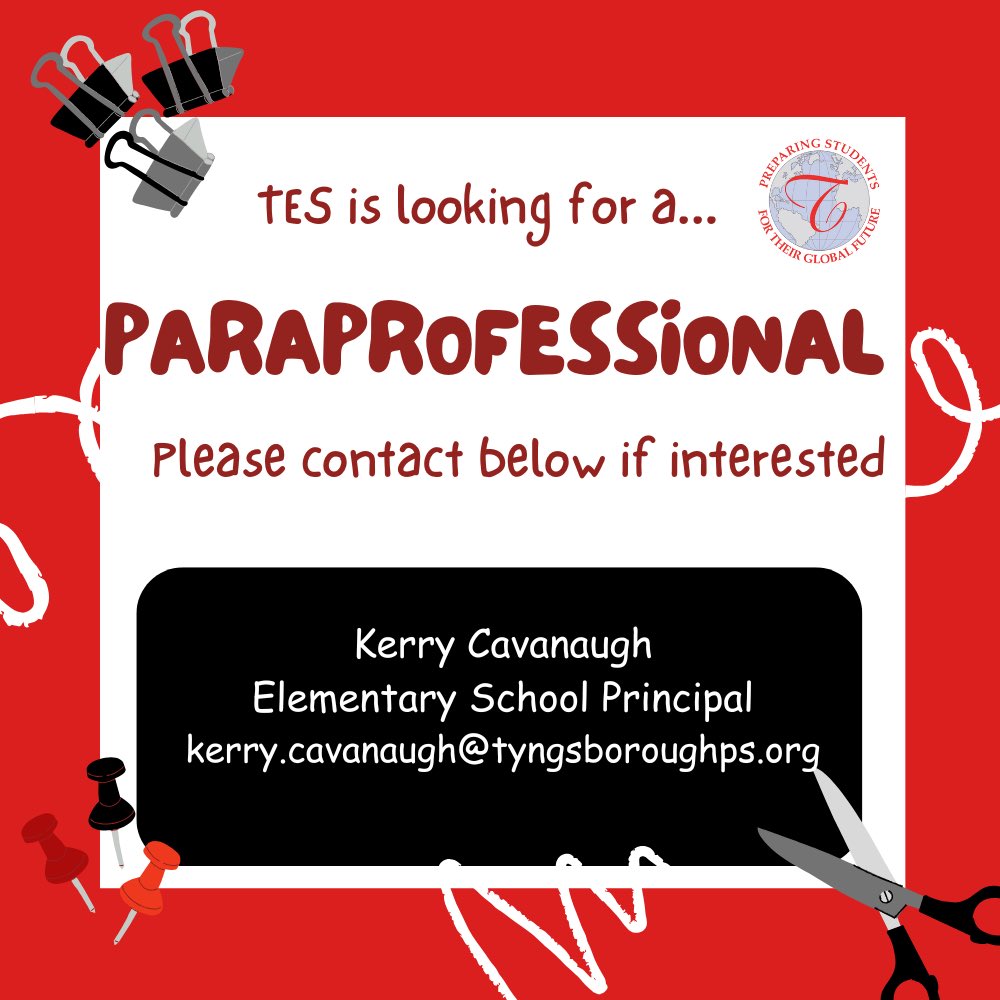 Tyngsborough Elementary School is hiring for a paraprofessional position! Please contact kerry.cavanaugh@tyngsboroughps.org if interested in this position. #tpsprepares#nowhiring