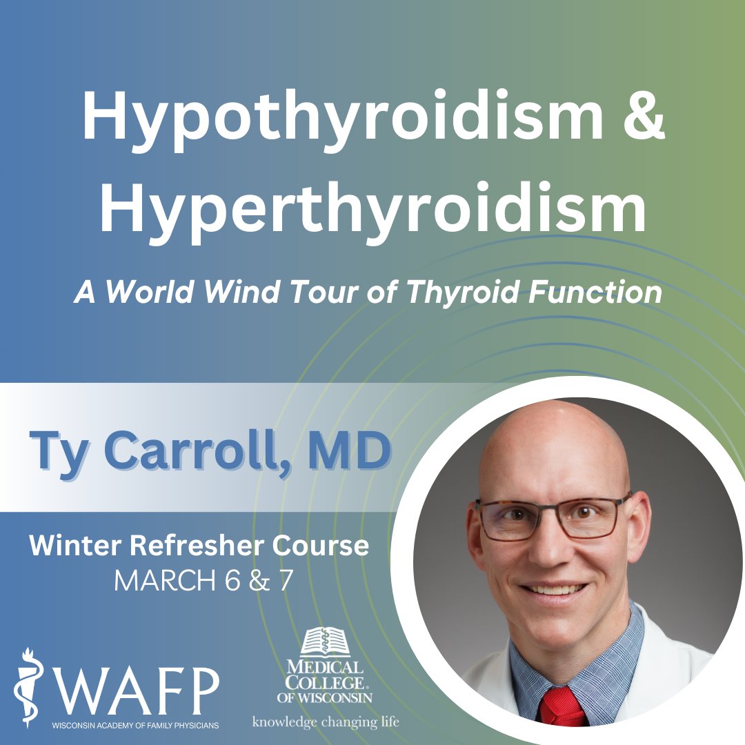 Don’t miss Dr. Ty Carroll's case-based session, "Hypothyroidism &amp; Hyperthyroidism: A World Wind Tour of Thyroid Function", at the 2025 Winter Refresher Course! Learn diagnostic and treatment strategies for thyroid disorders.

Register now: wafp.org/upcoming-event…