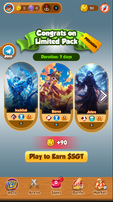 rosgamedotxyz's tweet photo. 🎁🎁🎁 Welcome Package! 
New players receive a 7-day free trial pack, including 3 heroes + 90 energy. Play and earn $SGT! https://t.co/soEVVuTIt5