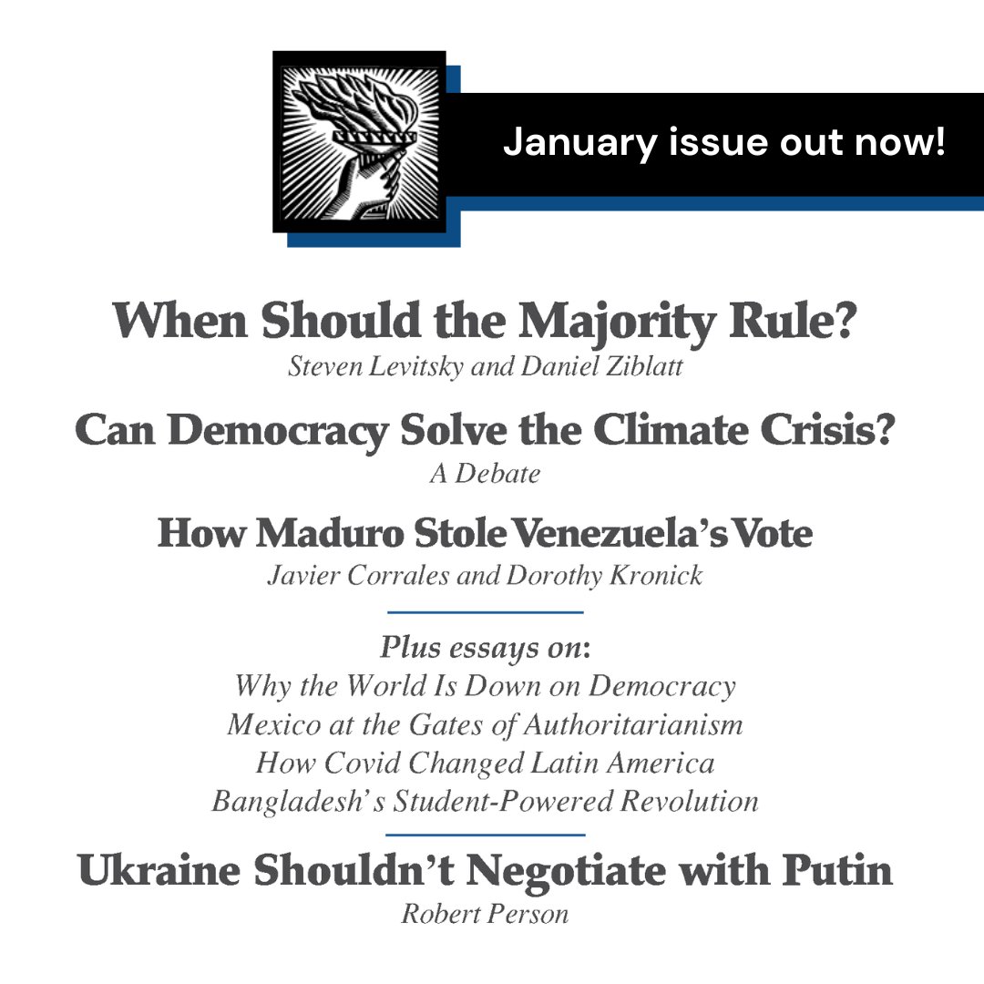 Journal of Democracy (@jodemocracy) on Twitter photo 🆕🎉NEW: January issue OUT NOW!
Featuring <a href="/levitsky2/">Steven Levitsky</a> <a href="/dziblatt/">Daniel Ziblatt</a> <a href="/RTPerson3/">Rob Person 🇺🇸🇺🇦</a> <a href="/jcorrales2011/">Javier Corrales</a> <a href="/azulaguiar/">Azul Aguiar</a> <a href="/rcastrocornejo/">Rodrigo Castro Cornejo</a> <a href="/AMonsivaisC/">Alejandro Monsivais-Carrillo</a> <a href="/RichardWike/">Richard Wike</a> <a href="/OliverKaplan/">Oliver Kaplan</a> <a href="/mikealbertus/">Michael Albertus</a> <a href="/dianasenior/">Diana Senior-Angulo</a> <a href="/Gustavo_F_M/">Gustavo Flores-Macías</a> <a href="/ElePanchulidze/">Elene Panchulidze</a> <a href="/YoungsRichard/">Richard Youngs</a> <a href="/NomiClaireLazar/">Nomi Claire Lazar</a> <a href="/jerometenk/">Jeremy Wallace</a> <a href="/triofrancos/">Thea Riofrancos</a> and more! 🆕🎉NEW: January issue OUT NOW!
Featuring <a href="/levitsky2/">Steven Levitsky</a> <a href="/dziblatt/">Daniel Ziblatt</a> <a href="/RTPerson3/">Rob Person 🇺🇸🇺🇦</a> <a href="/jcorrales2011/">Javier Corrales</a> <a href="/azulaguiar/">Azul Aguiar</a> <a href="/rcastrocornejo/">Rodrigo Castro Cornejo</a> <a href="/AMonsivaisC/">Alejandro Monsivais-Carrillo</a> <a href="/RichardWike/">Richard Wike</a> <a href="/OliverKaplan/">Oliver Kaplan</a> <a href="/mikealbertus/">Michael Albertus</a> <a href="/dianasenior/">Diana Senior-Angulo</a> <a href="/Gustavo_F_M/">Gustavo Flores-Macías</a> <a href="/ElePanchulidze/">Elene Panchulidze</a> <a href="/YoungsRichard/">Richard Youngs</a> <a href="/NomiClaireLazar/">Nomi Claire Lazar</a> <a href="/jerometenk/">Jeremy Wallace</a> <a href="/triofrancos/">Thea Riofrancos</a> and more!