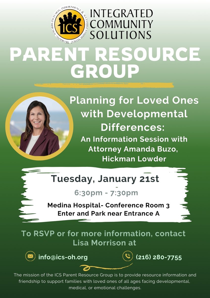 Attorney Amanda Buzo will be speaking about planning for family members with developmental differences on January 21st at 6:30pm at the Medina Hospital in Medina, Ohio. RSVP today by emailing Lisa Morrison at info@ics-oh.org or calling 216-280-7755.