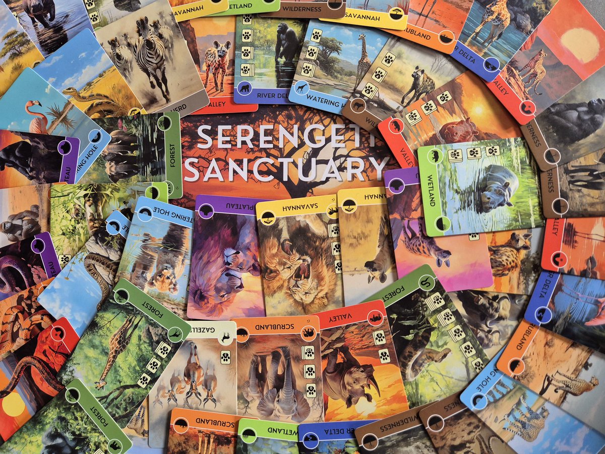 tlarraya's tweet image. Serengeti Sanctuary published by Spooky Tower Games is not much of a game. It's a sketch of a card game. I really hate that the artwork was generated by AI. I'm very much against that. And the game wasn't fun nor engaging. The components &amp;amp; graphic design of the game are also bad.