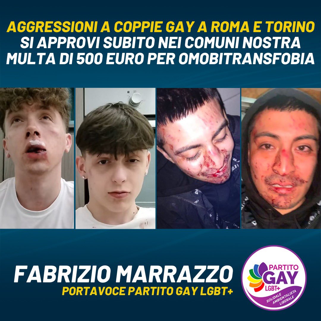 Gayofficialita's tweet photo. Aggressioni a coppie gay a Roma e Torino: si approvi subito nei comuni nostra multa di 500 euro per omibitransfobia!
#capodanno #partitogay #stopomofobia https://t.co/l1A2TMCqlE