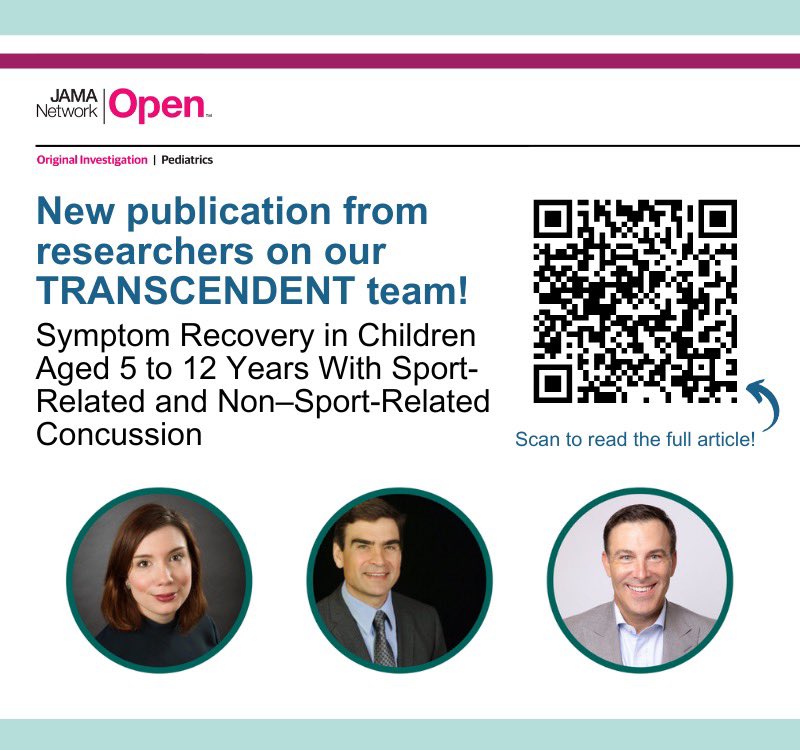 New Year, New Discoveries!📄💡 Researchers on our TRANSCENDENT team have published in <a href="/JAMANetworkOpen/">JAMA Network Open</a>. Key finding: Similar recovery trajectories for both sport-related &amp; non-sport-related concussions, offering new insights into pediatric concussion care. Scan to learn more! 🤳
