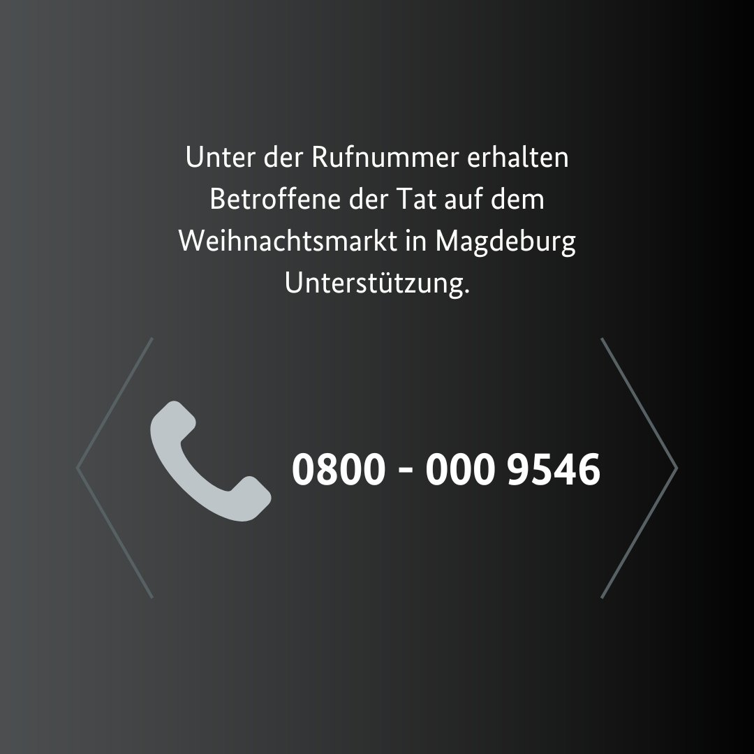 Mein Team und ich stehen den Betroffenen von #Magdeburg weiterhin zur Seite. 372 Betroffene haben bereits ein persönliches Unterstützungsangebot erhalten. Mit Hochdruck arbeiten wir daran, alle Weiteren zu erreichen. Unser psychosoziales Beratungstelefon ist jederzeit erreichbar.