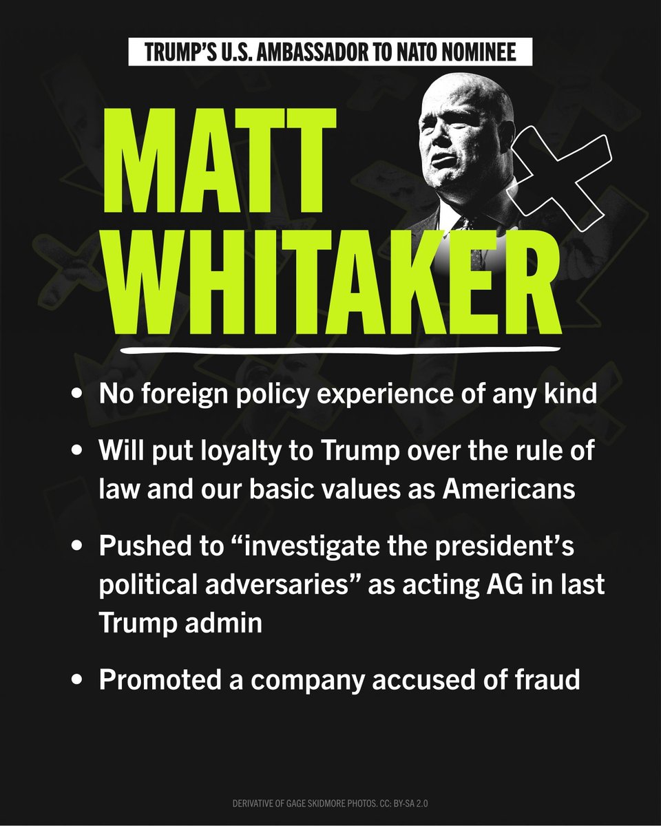 Oregonizers's tweet photo. Trump’s pick to represent us at NATO: Matt Whitaker. This is the kind of leadership we don’t need on the world stage. 🌍 #DiplomaticDisaster https://t.co/vup2PuTp68