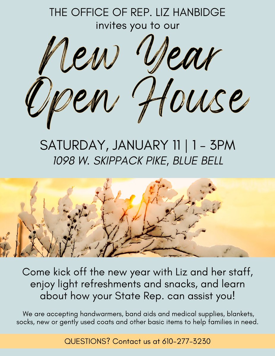 Rep. Liz Hanbidge (@rephanbidge) on Twitter photo Our office will be hosting an open house on Jan 11, from 1-3. Enjoy light refreshments, meet the Rep & learn how we can assist you w/state services! We'll be accepting donations on behalf of <a href="/YWHMontCo/">Your Way Home</a>. Requested items: blankets, socks & other basic needs for the unhoused. Our office will be hosting an open house on Jan 11, from 1-3. Enjoy light refreshments, meet the Rep & learn how we can assist you w/state services! We'll be accepting donations on behalf of <a href="/YWHMontCo/">Your Way Home</a>. Requested items: blankets, socks & other basic needs for the unhoused.