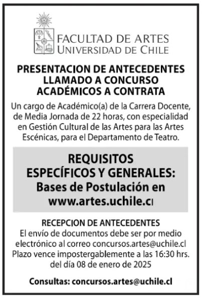 PalominosSimon's tweet photo. Quedan pocos días para el cierre de la recepción de antecedentes para el Área de Gestión Cultural asociada al Depto de Teatro UChile. Únase a un equipo comprometido con la democratización sustantiva de la cultura en Chile. https://t.co/zni0hT3SsQ