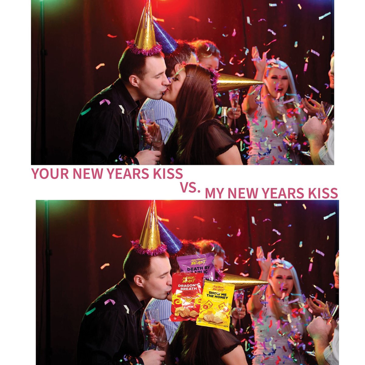 getsnackbeast's tweet photo. Your New Years Kiss vs. My New Years Kiss bc I can’t get enough of Snackbeast Chips!

#snackbeastchips #sb #Newyearskiss
#Newyearsmeme #2025meme #Snackbeast #Showmethehoney #Deathbygarlic #Dragonsbreath #newyearsamecravings #newcravings https://t.co/FVBQCGKQ4p