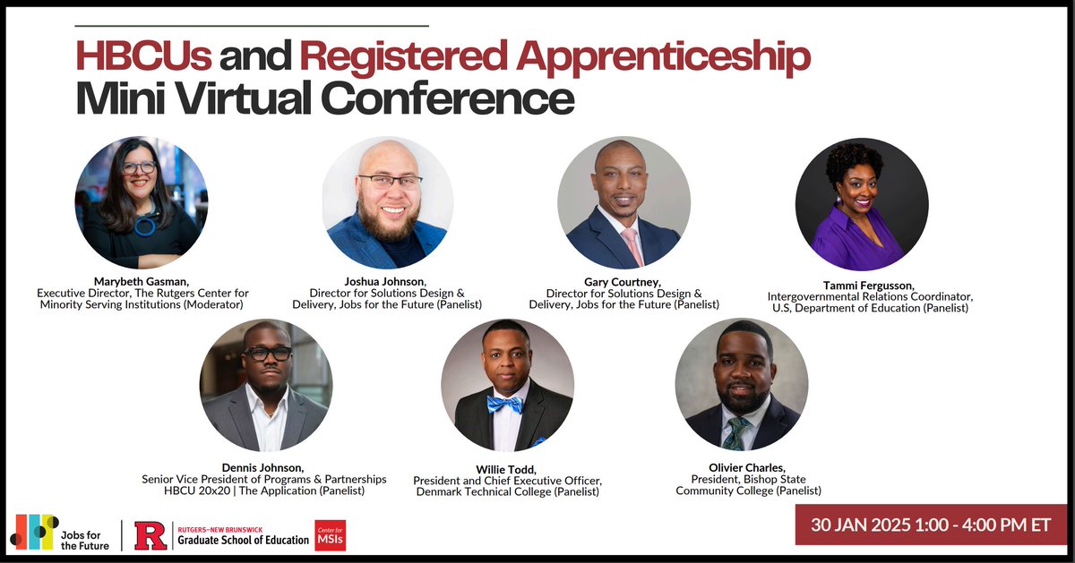 🗣️ Mini-virtual conference on January 30, 2025! 🗣️ 

This special event will focus on how HBCUs and their students can benefit from Registered Apprenticeships. 📖 📢 

Register here: 🔗 buff.ly/3P3yHnt
<a href="/HBCU20x20/">HBCU 20x20 x The Application</a> <a href="/jfftweets/">Jobs for the Future (JFF)</a>