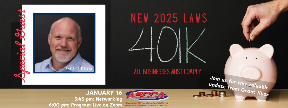 Grant Knox will present on the topic of the new 401K Retirement Plan requirements that go into effect January 1, 2025 impacting ALL California businesses. 
 
📅Date: Thursday, January 16, 2025
🕕Time: 5:45 PM (PT)
📍Where: Online via Zoom
 
RSVP here: form.jotform.com/243515679871166