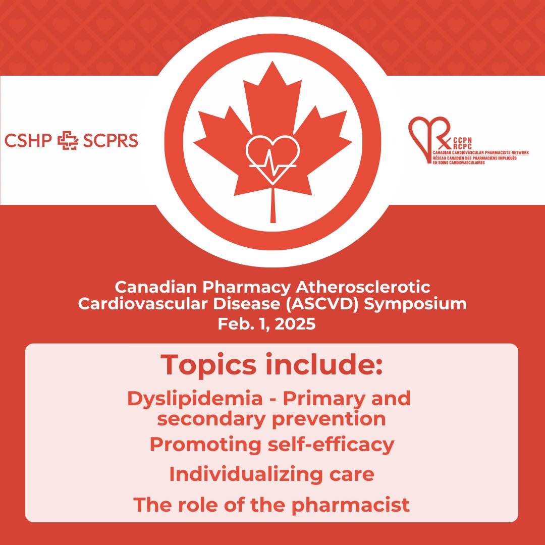 CSHP/SCPRS (@cshp_scph) on Twitter photo ❣️ Elevate Patient Care with CSHP and <a href="/CCPNrx/">Canadian Cardiovascular Pharmacist Network</a>!
Gain the tools and insights to deliver exceptional care for patients with ASCVD at the Canadian Pharmacy Atherosclerotic Cardiovascular Disease Symposium.
🎟️: CSHP.ca/ASCVDS ❣️ Elevate Patient Care with CSHP and <a href="/CCPNrx/">Canadian Cardiovascular Pharmacist Network</a>!
Gain the tools and insights to deliver exceptional care for patients with ASCVD at the Canadian Pharmacy Atherosclerotic Cardiovascular Disease Symposium.
🎟️: CSHP.ca/ASCVDS