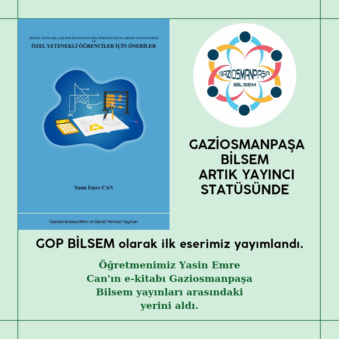 Gopbilsem's tweet photo. 🎉 İlk Yayınımız Yayımlandı!
Gaziosmanpaşa BİLSEM artık yayıncı statüsünde! Değerli öğretmenimiz Yasin Emre Can'ın e-kitabı, ilk eserimiz olarak yayımlandı.

#GaziosmanpaşaBİLSEM #BilimVeSanat #EğitimdeYenilik @gopmem @istanbulilmem @tcmeb @FatihMTopsakal https://t.co/qbzyDQpRF7