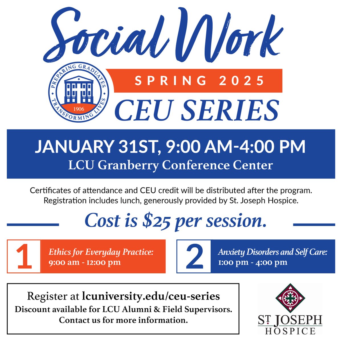 Are you in need of Continuing Education Units for your licensure? The LCU Department of Social Work is hosting a Spring CEU Series on January 31 from 9 am-4 pm. You can register at LCUniversity.edu/ceu-series.