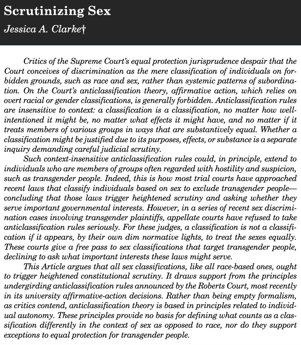 Jessica Clarke (@clarkeja) on Twitter photo My article Scrutinizing Sex is out in the <a href="/UChiLRev/">UChicago Law Review</a> today. I argue that the Roberts Court's equal protection jurisprudence, including cases on both race and sex, requires a decision for the transgender plaintiffs in Skrmetti. lawreview.uchicago.edu/sites/defaul.. My article Scrutinizing Sex is out in the <a href="/UChiLRev/">UChicago Law Review</a> today. I argue that the Roberts Court's equal protection jurisprudence, including cases on both race and sex, requires a decision for the transgender plaintiffs in Skrmetti. lawreview.uchicago.edu/sites/defaul..