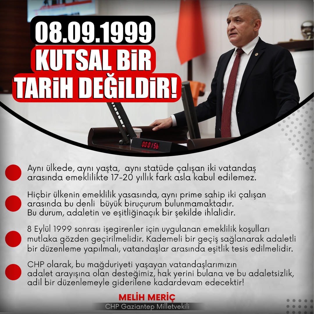 🛑 08.09.1999 kutsal bir tarih değildir! Aynı ülkede, aynı yaşta, aynı statüde çalışan iki vatandaş arasında emeklilikte 17-20 yıllık fark asla kabul edilemez.

🛑 Hiçbir ülkenin emeklilik yasasında, aynı prime sahip iki çalışan arasında bu denli büyük bir uçurum bulunmamaktadır.