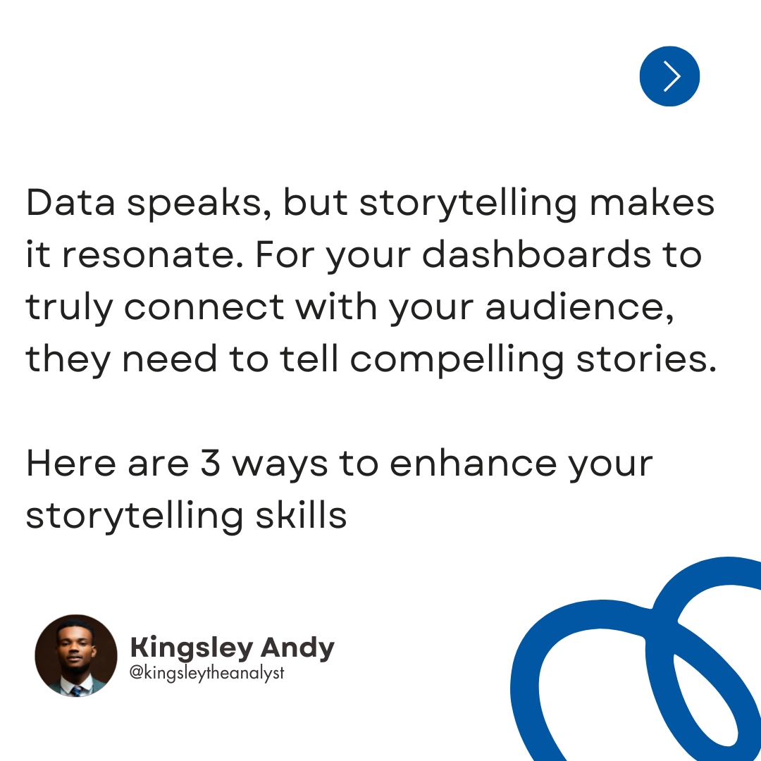 Kingsley__Andy's tweet image. Your dashboard should tell a story, whether you’re there to guide your audience or not.
Data storytelling is what transforms analysis into impact. Let’s grow together!
Here are three ways to enhance your storytelling skills
#KingsleyAndy #Kingsleytheanalyst