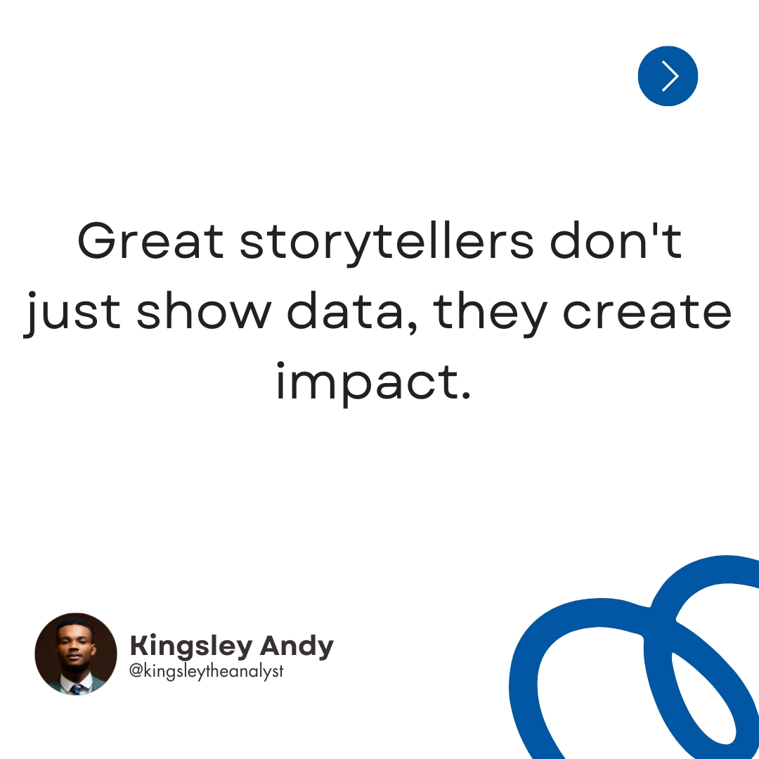 Kingsley__Andy's tweet image. Your dashboard should tell a story, whether you’re there to guide your audience or not.
Data storytelling is what transforms analysis into impact. Let’s grow together!
Here are three ways to enhance your storytelling skills
#KingsleyAndy #Kingsleytheanalyst