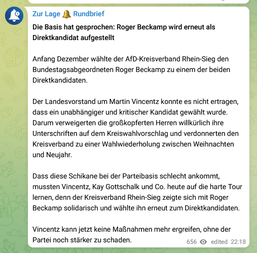KreuzAcht's tweet photo. Klatsche für den Landesvorstand der AfD NRW
Nachdem Roger Beckamp gegen den Willen des Landesvorstands zum Direktkandidaten der AfD Rhein-Sieg gewählt wurde, ordnete der LaVo eine Neuwahl an.
Doch auch hier wurde Beckamp gewählt. https://t.co/kNsG2aiBhO