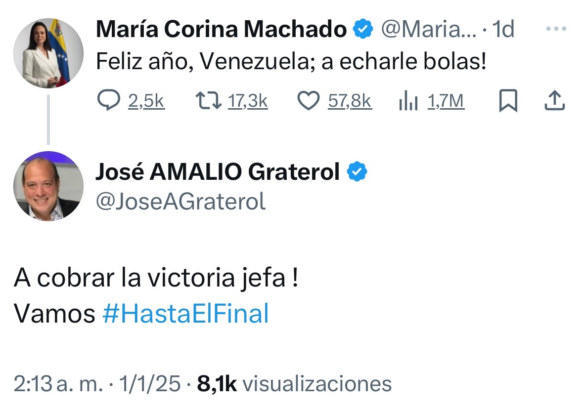De estos post de <a href="/MariaCorinaYA/">María Corina Machado</a> y  <a href="/JoseAGraterol/">José AMALIO Graterol</a> hay muchas cosas que se pueden evidenciar, aquí solo dejo dos:

* Lenguaje vulgar, alejado de toda consideración estadista y cercano a la bravuconería del malandro de charco (aquel que solo tiene voz para insultar pero ninguna