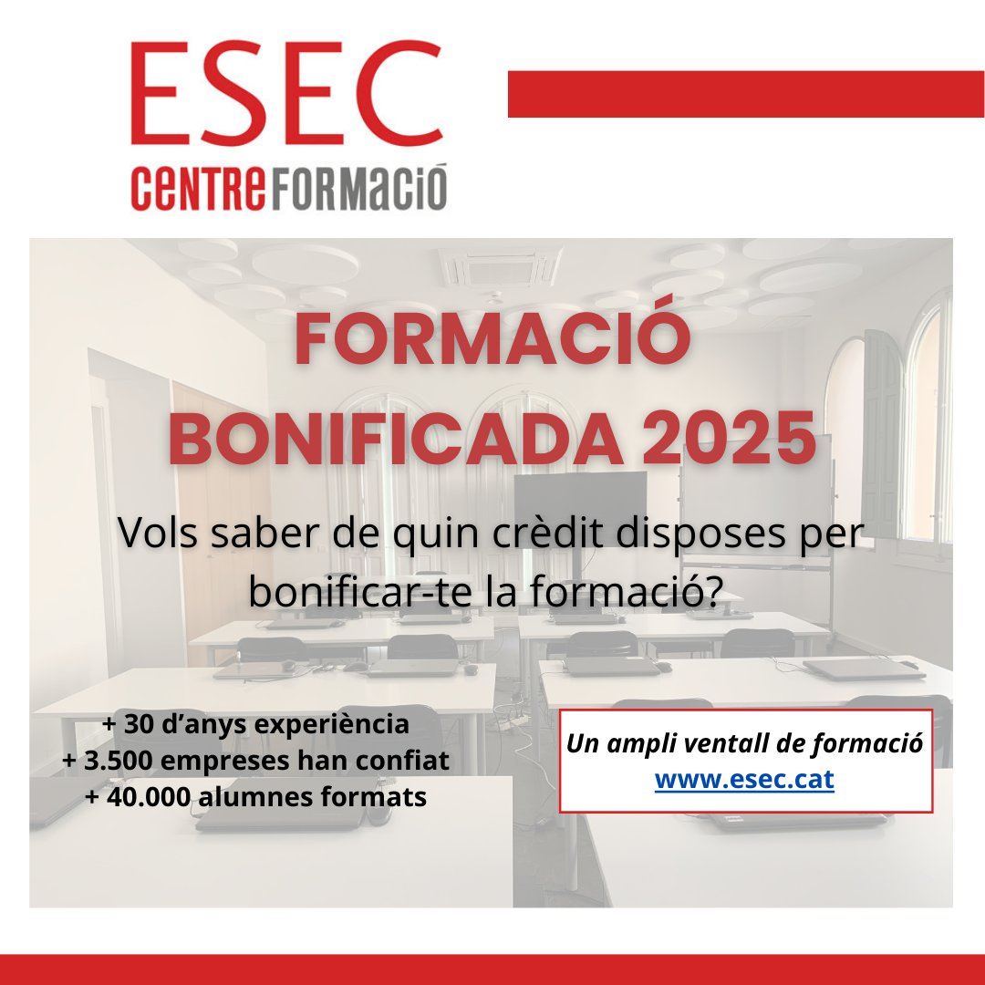 ESEC_Formacio's tweet image. Formacions Bonificades per al 2025 a ESEC! 

Estàs preparat per aprofitar aquesta oportunitat? 

Inscripcions obertes per al 2025!
Per a més informació contacta amb nosaltres
#FormacióBonificada #Curs2025 #ESEC #CreixementProfessional #sabadell #Bonificacions