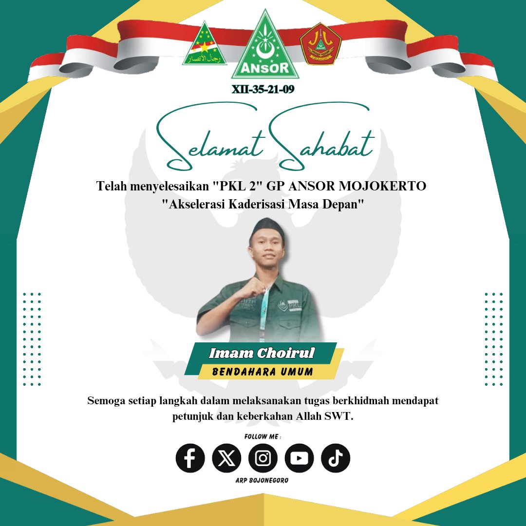 ansor_ranting's tweet image. Selamat Sahabat Imam Choirul 
Telah menyelesaikan kegiatan "PKL 2" 
"AKSELERASI KADERISASI MASA DEPAN"
GP ANSOR MOJOKERTO 
~ 26 - 29 Desember 2024 ~

#Gasss 
#AnsorSatuBarisan 
#BanserSatuKomando 
#RijalulAnsorBersholawat 
#PurwosariBermartabat