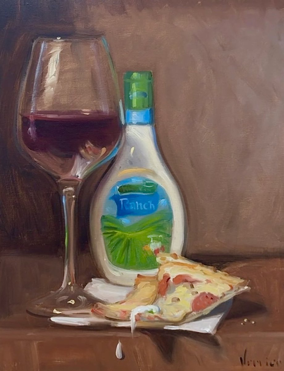 NoahVerrier's tweet photo. My oil painting of Frozen Pizza and Glass of Red Wine https://t.co/ogX7xaCHwT