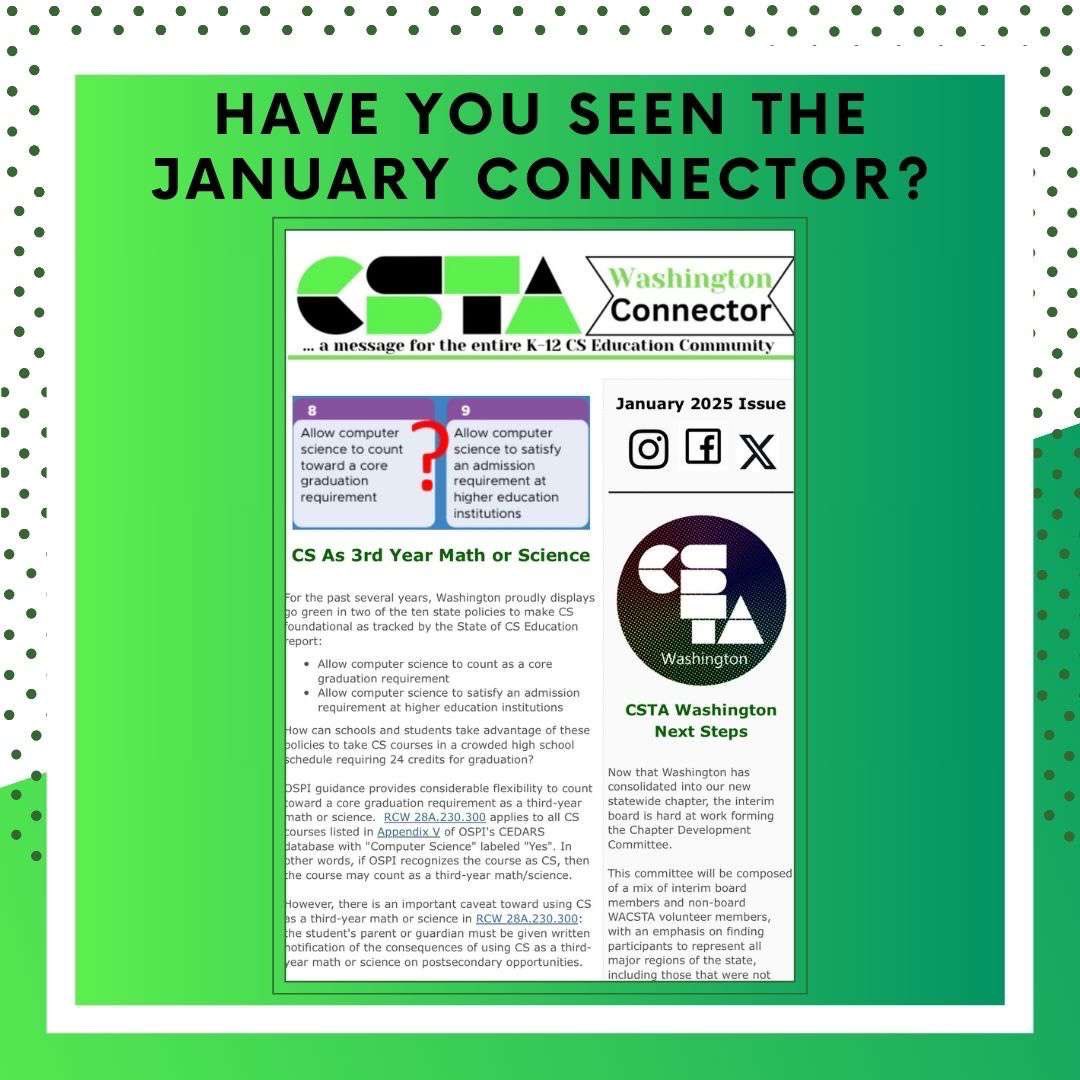 Looking for a way to start the new year off right? We’ve got you covered! Check out our January Connector.

washington.csteachers.org/bulletin/view/…

As always please share our page and connector to anyone you think could use it!☀️🎉

#csta #pscsta #wa #washington #teach #teachcs #ed #education