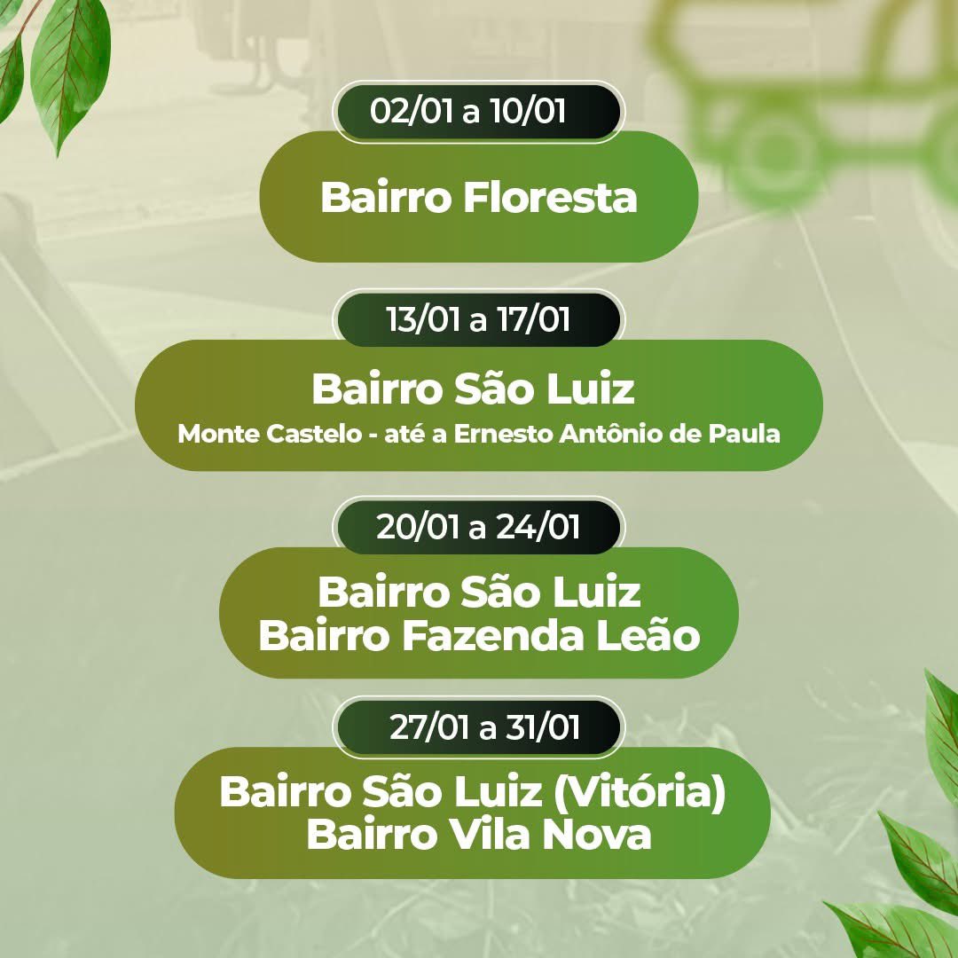 📆 Fique atento às datas e coloque fora do pátio os detritos separados nas pilhas de galhos e folhas (resíduo orgânico) e dos entulhos (material de descarte). 

🤝 É fundamental o respeito ao calendário para que todos os bairros possam receber o serviço.