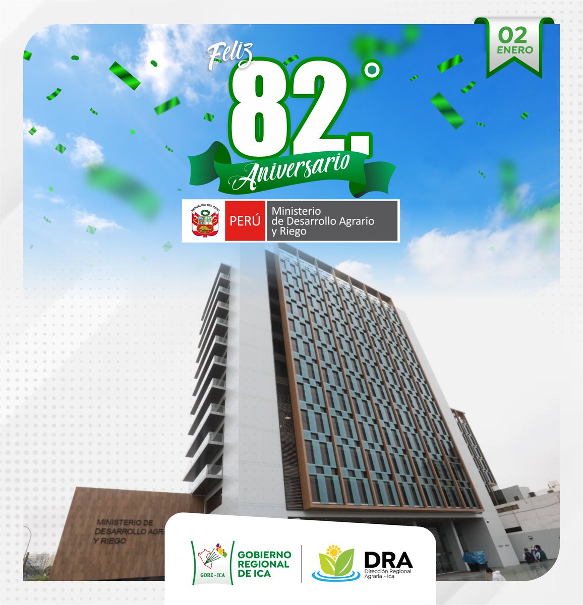 DRA_Ica's tweet photo. 🥳La Dirección Regional Agraria Ica extiende sus saludos al conmemorar el 82.° aniversario del @midagriperu  Ministerio de Desarrollo Agrario y Riego del Perú; sigamos construyendo juntos un sector agrario más fuerte, a favor de nuestras hermanas y hermanos del campo. 🌱💪🥳 https://t.co/6ByFZRyOJ8